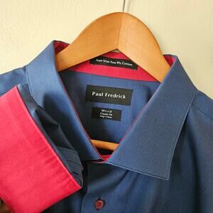 Paul Fredrick Men's Non-Iron Cotton Button Down Shirt 18.5/35 Classic Solid Blue